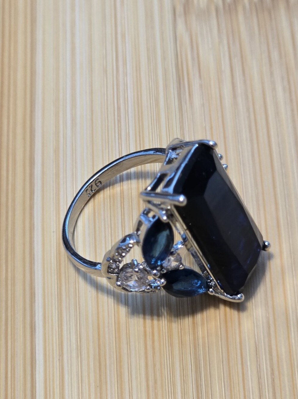 Blue Sapphire Emerald Cut Cocktail Ring Silver Statement Cluster Band - Picture 3 of 4